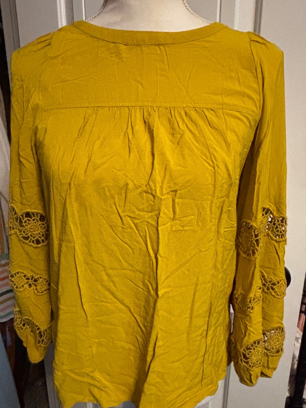 LOFT Mustard Yellow Crochet-Sleeve Blouse, XS